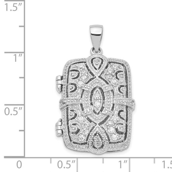 Sterling Silver and CZ Geometric Design Rectangular Locket, 24mm - Picture 5 of 6